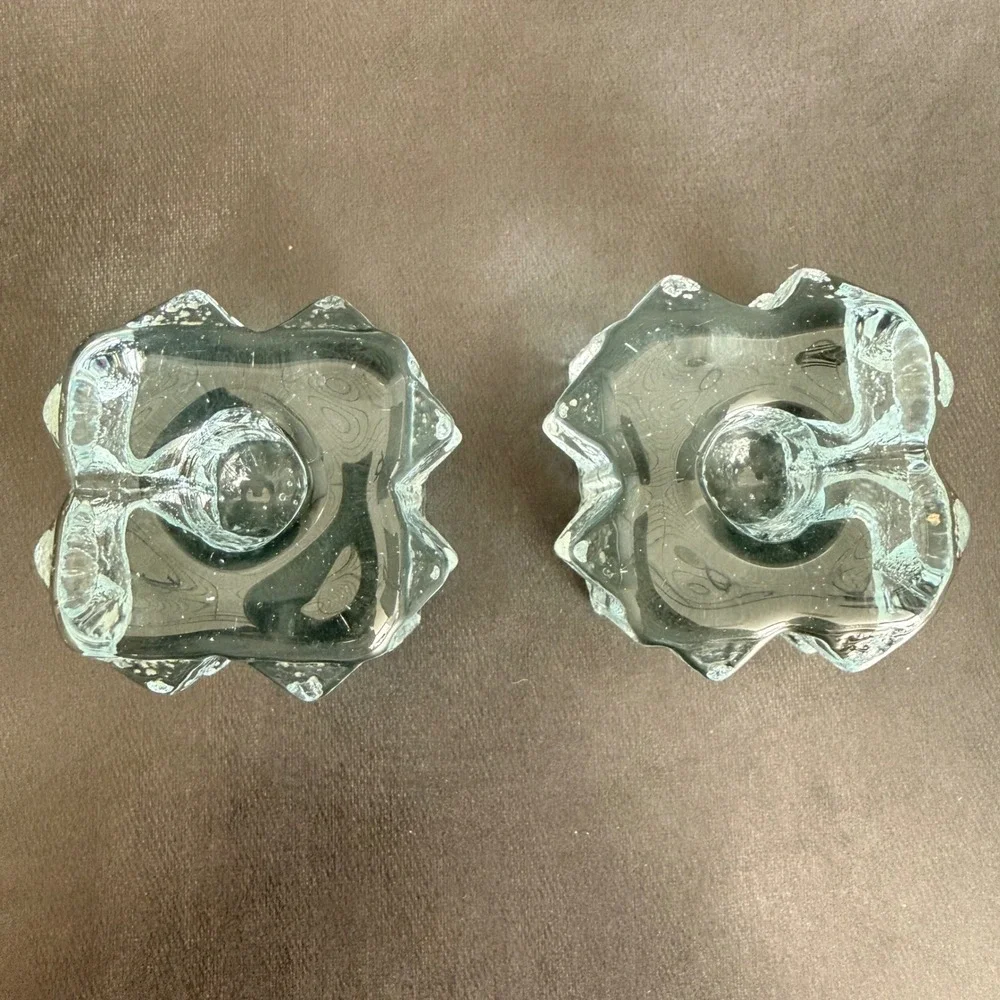 Blenko 802S Crystal Ice Glass Taper Candle Holders Pair 1980 MCM‎